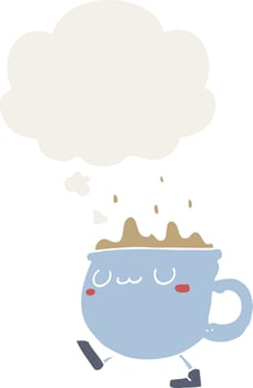 cartoon coffee cup walking and thought bubble in retro style vector