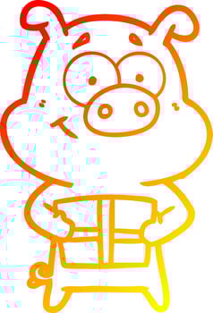 warm gradient line drawing happy cartoon pig holding christmas present vector
