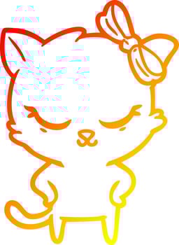 warm gradient line drawing cute cartoon cat with bow vector
