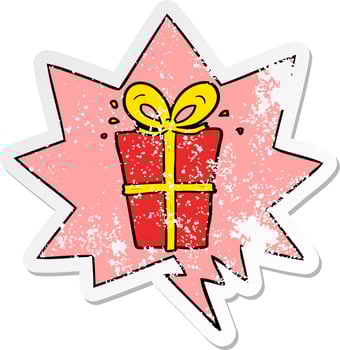 cartoon wrapped gift and speech bubble distressed sticker vector