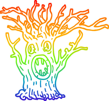 rainbow gradient line drawing cartoon spooky tree vector