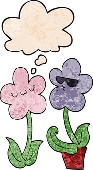 cute cartoon flower and thought bubble in grunge texture pattern style vector