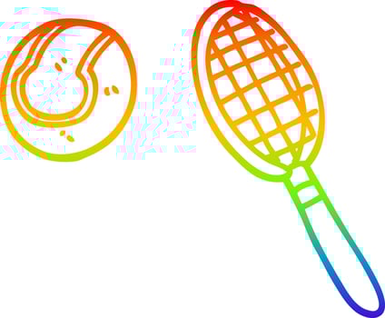 rainbow gradient line drawing cartoon tennis racket and ball vector