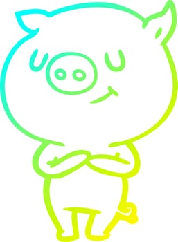 cold gradient line drawing happy cartoon pig vector