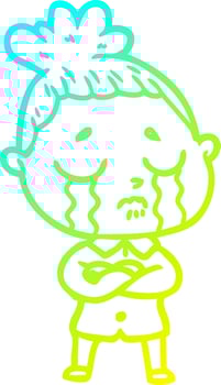 cold gradient line drawing cartoon crying woman vector