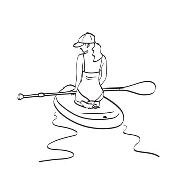 woman in swimsuit with cap sitting on SUP board and holding paddle illustration vector hand drawn isolated on white background line art.