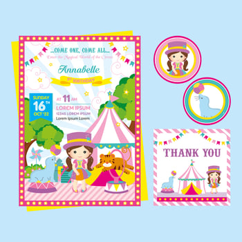 Circus birthday party set with cute girl vector