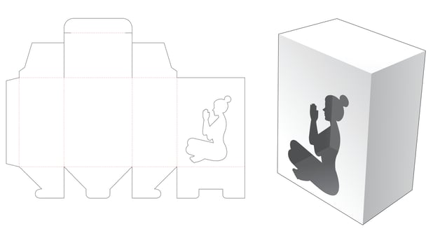 Packaging box with yoga window die cut template and 3D mockup vector