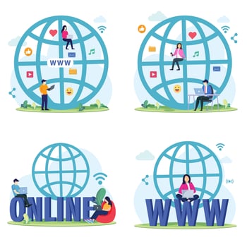 Modern style vector illustration of a domain registration concept with a person character registering the site with his laptop. Flat vector template Style Suitable for Web Landing Page, Background.