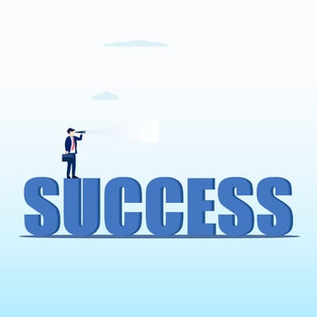 Vision concept vector illustration with business man looking through telescope from a cliff. Flat vector template Style Suitable for Web Landing Page.