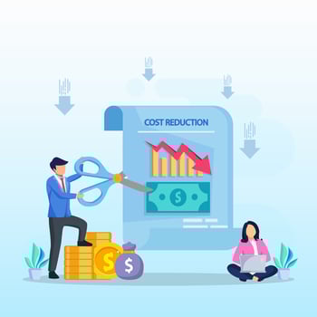 Cost reduction illustration concept with tiny people. Sales decline, crisis financial. vector