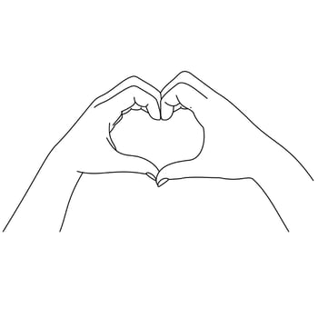 Illustration line drawing a close up woman and man hands showing sign or shape of hearts. Heart hand gesture. Hands of two people in love making heart with fingers. Heart design for shirt or jacket vector