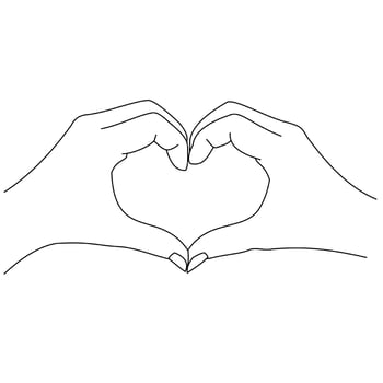 Illustration line drawing a close up woman and man hands showing sign or shape of hearts. Heart hand gesture. Hands of two people in love making heart with fingers. Heart design for shirt or jacket vector