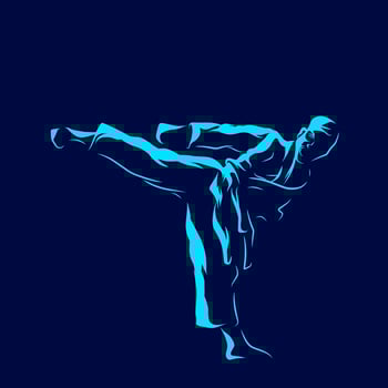 Karate fighting technique vector silhouette line pop art potrait logo colorful design with dark background. Abstract vector illustration. Isolated black background for t-shirt, poster, clothing.
