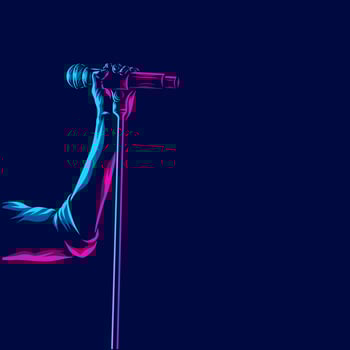 Hand hold microphone mic vector silhouette line pop art potrait logo colorful design with dark background. Abstract vector illustration. Isolated black background for t-shirt, poster, clothing.