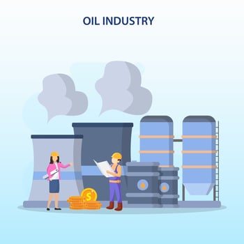 Businessman character looking at declining oil chart price with oil drum and coins flat vector