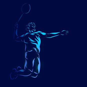 Badminton man smash shot vector silhouette line pop art potrait logo colorful design with dark background. Abstract vector illustration. Isolated black background for t-shirt, poster, clothing.