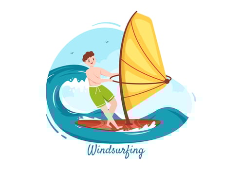 Summer Windsurfing of Water Sport Activities Cartoon Illustration with Rides the Barreled Rushing Waves or Floating on Paddle Board in Flat Style vector