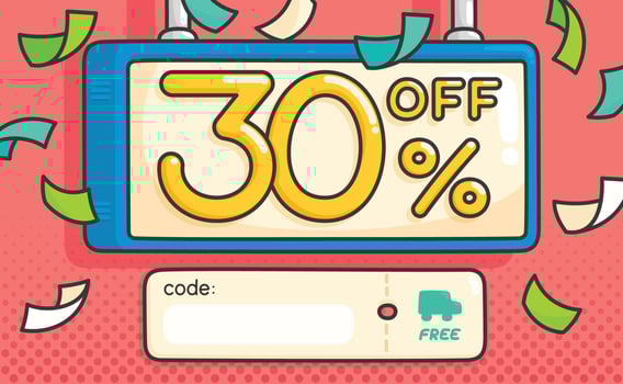 sale thirty percent off ad image with free shipping and blank space for code text kawaii doodle flat vector illustration