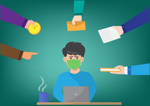 The young man was chased by work, causing him to feel annoyed. vector illustration