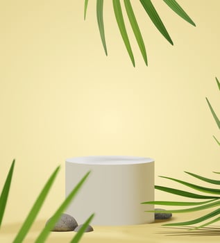 Realistic podium scene for product presentation with nature tropical palm leaf foliage vector template mockup
