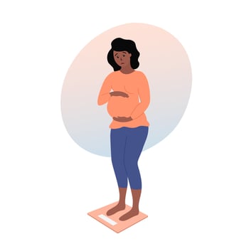 Pregnant woman standing on scales and checking weight. Pregnancy weight gain. Unhappy african american future mother. Flat vector illustration