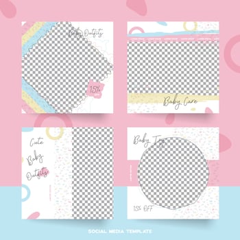 Set of cute colorful pastel baby social media post template vector