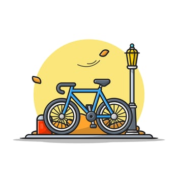Bike in Park with Street Lamp Cartoon Vector Icon Illustration.  Sport Outdoor Icon Concept Isolated Premium Vector. Flat  Cartoon Style