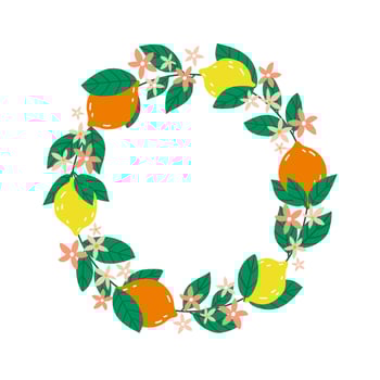 Cute round frame with fresh tropical fruits - bright yellow lemons. Botanical composition with place for a text for sales banners, cards, invitations vector