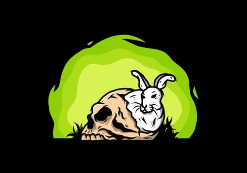 Rabbit hiding inside human skull illustration vector