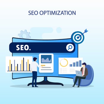 SEO optimization concept, website development, entrepreneur, business web, data analyst, illustration with icons and character. Flat vector template style Suitable for Web Landing Pages.
