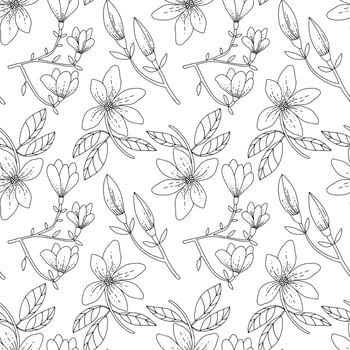 Botanical seamless pattern. Magnolia flowers on branches with leaves. Hand drawn black and white print. vector