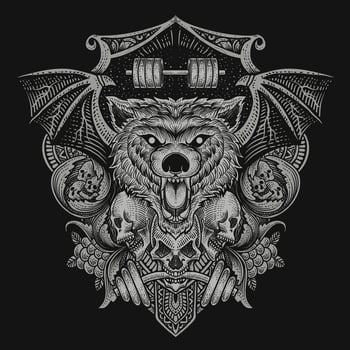 illustration baddas wolf head with skull with engraving ornament vector
