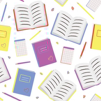 Colorful seamless pattern with books and pencil. Vector illustration in flat design. Back to school