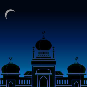 Isolated Muslim mosque flat design facade background. Flat Islamic colorful logo architectural objects. Abstract vector cartoon. Beautiful Muslim shrine icon illustration. Eastern cultural  landmark.