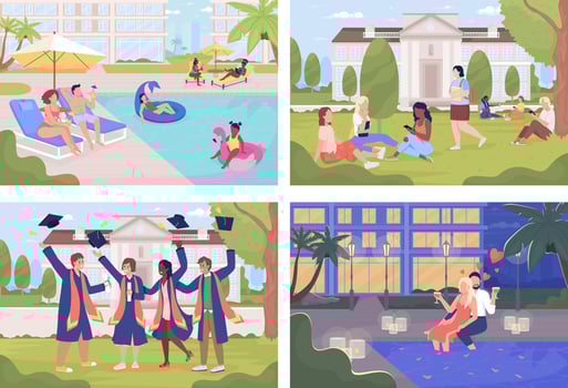 Public and private places in city flat color vector illustrations set