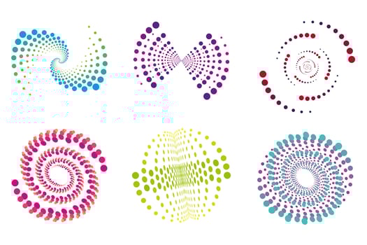 Set of spirals, Design elements, dotted abstract patterns. Spiral swirl, twist points, vortex halftone. Vector templates of circular radial rotation lines.