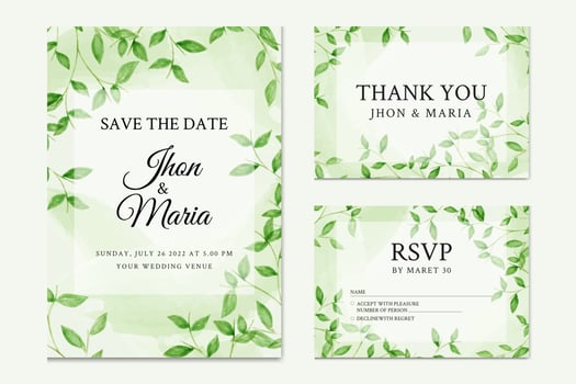 Beautiful green leaves floral water color wedding invitation card template vector
