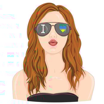 I love Ukraine. Vector Illustration. Girl in the sunglasses with the inscription and flag of Ukraine in the shape of a heart.