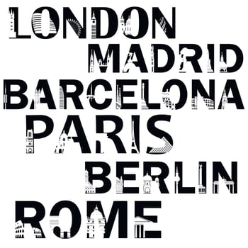 City names in words in black color with the  places of interest. vector
