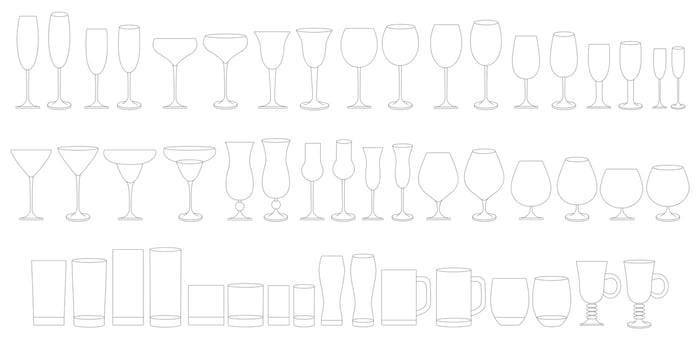 Glasses for wine, champagne, whiskey, cognac. Types of glasses for alcoholic and non-alcoholic drinks. vector
