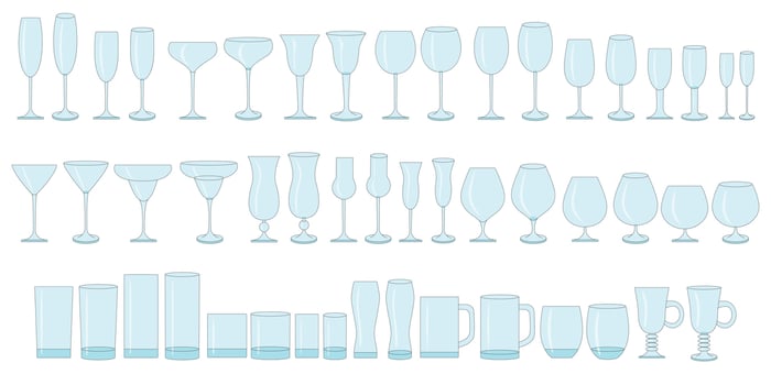 Color glasses for wine, champagne, whiskey, cognac. Types of glasses for alcoholic and non-alcoholic drinks. vector