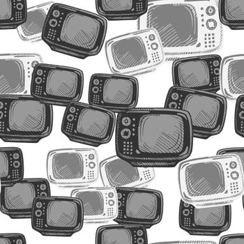 Retro TV engraved seamless pattern. Vintage television background in hand drawn style. vector