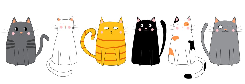 Set of cute funny colorful cats. Doodle cartoon style. Vector illustration isolated on white background