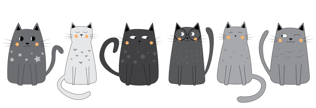 Set of cute funny grey cats. Doodle cartoon style. Vector illustration isolated on white background