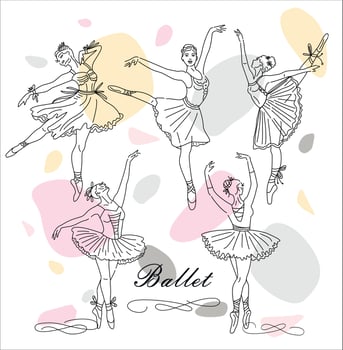 Women ballet dancer set of continuous line drawing in pink color. Dancing girls and figures vector