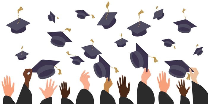 Graduating students of pupil hands in gown throwing graduation caps in the air vector