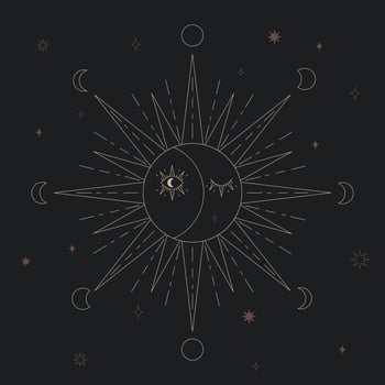 Illustration of celestial sun and moon with stars. Mystical print for astrology, tarot, boho design. Vector illustration set of moon phases. Different stages of moonlight activity. Esoteric design.
