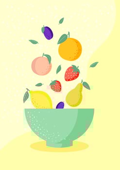 Fresh fruits in a bowl isolated on yellow background. Peach, strawberry, pear, lemon, plum, orange. The concept of healthy and sports nutrition. Vector illustration.