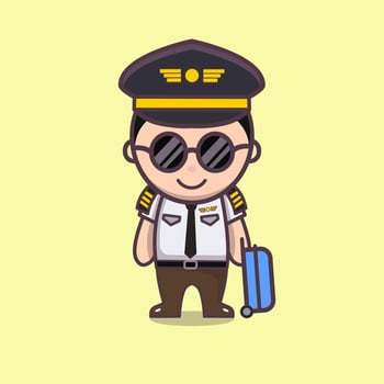 Cute cartoon illustration of a pilot.  Happy cute little kid boy wearing pilot uniform.Vector character. Isolated on yellow background. vector